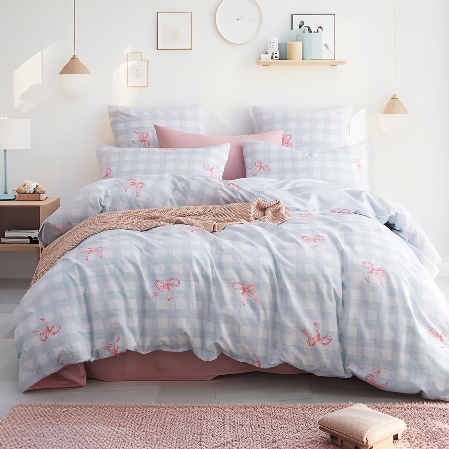 JOLUSERE 3-Piece Blue Gingham Pink Bow Comforter Queen Set , Soft Grid Dorm Bedding Set for Kids Adults