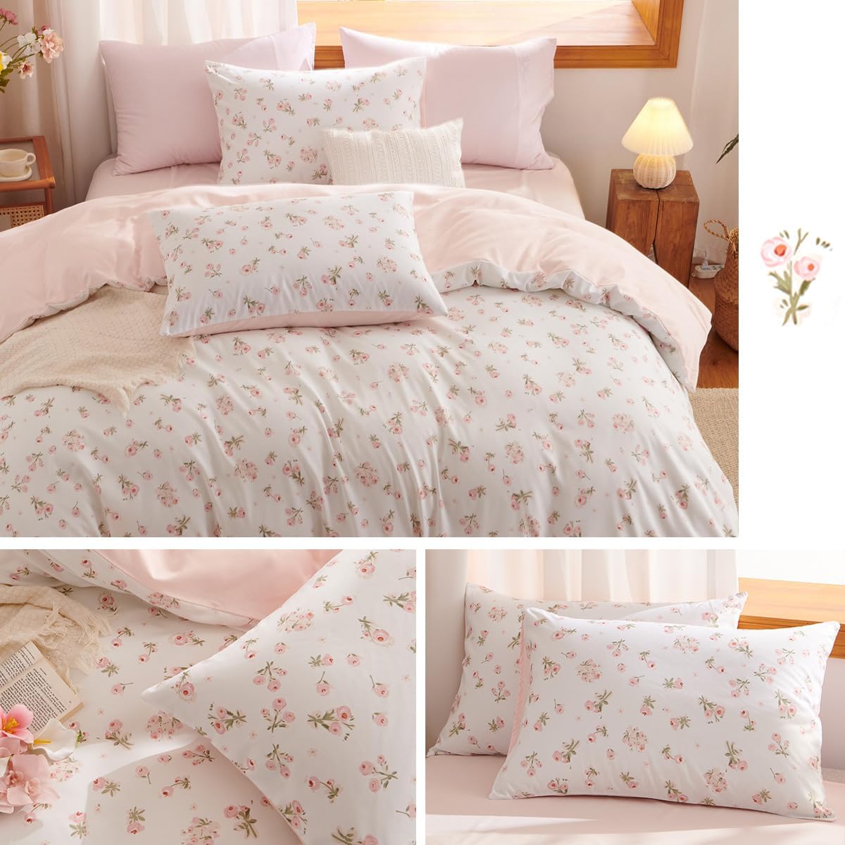 JOLUSERE Pink loyalty Floral Comforter King Sets, 3 Pieces Chic Botanical Pink White Floral Reversible Comforter for All Season