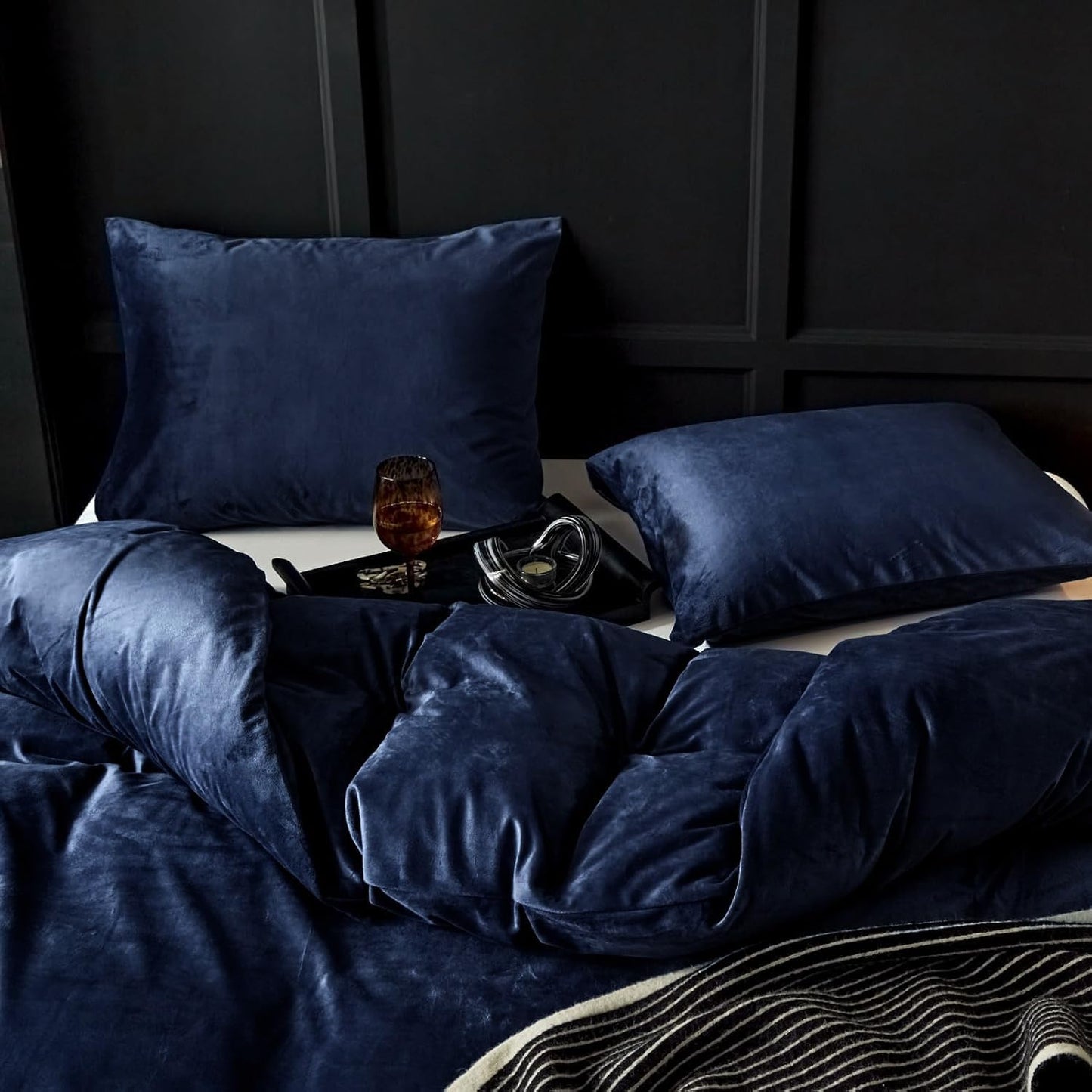 JOLUSERE Navy Blue Velvet Duvet Cover Queen Set, 3-Piece Ultra Soft Fluffy Flannel Winter Bedding Cover
