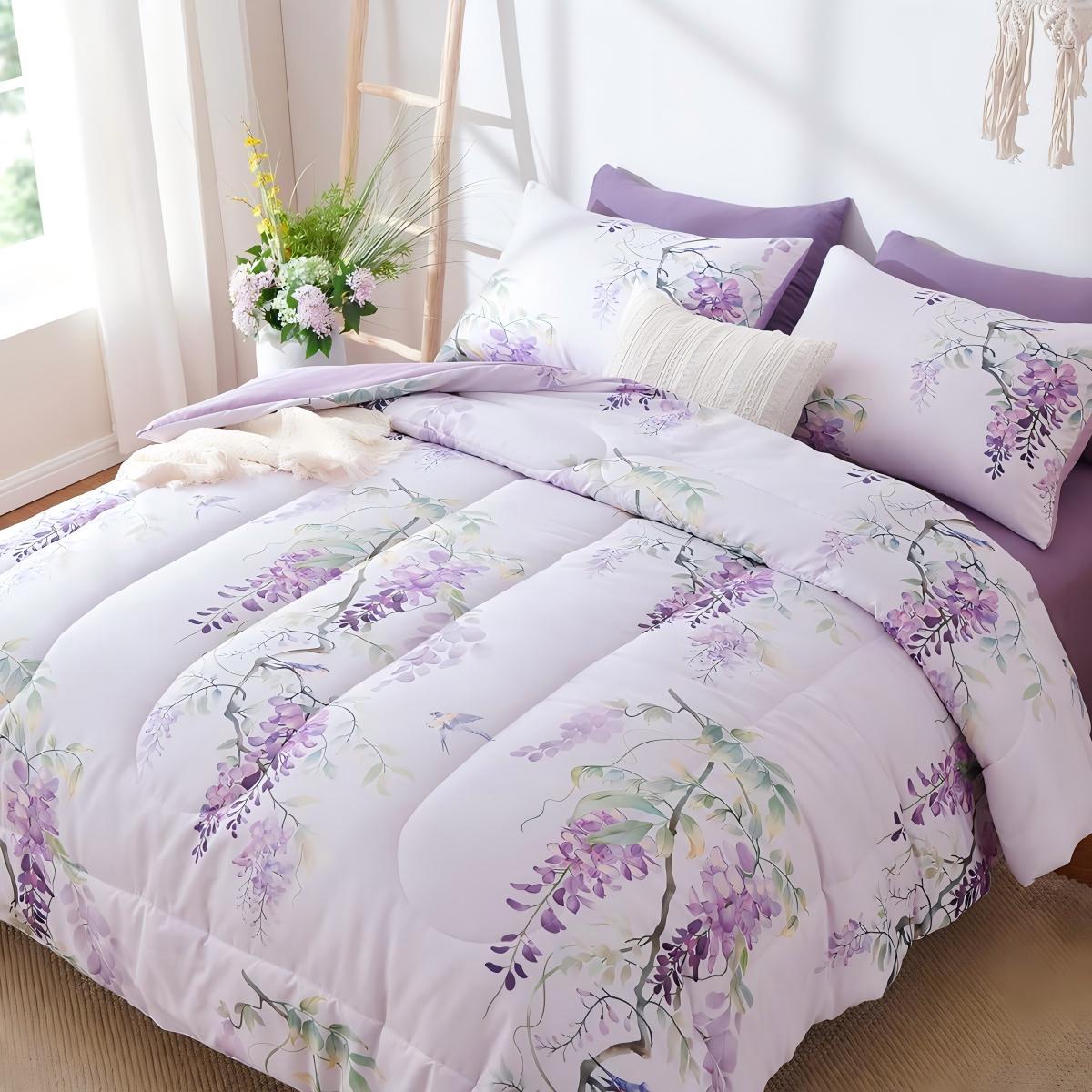 JOLUSERE Romantic Wisteria Comforter Twin Sets, 2 Pieces Chic Botanical Purple Floral Reversible Comforter for All Season