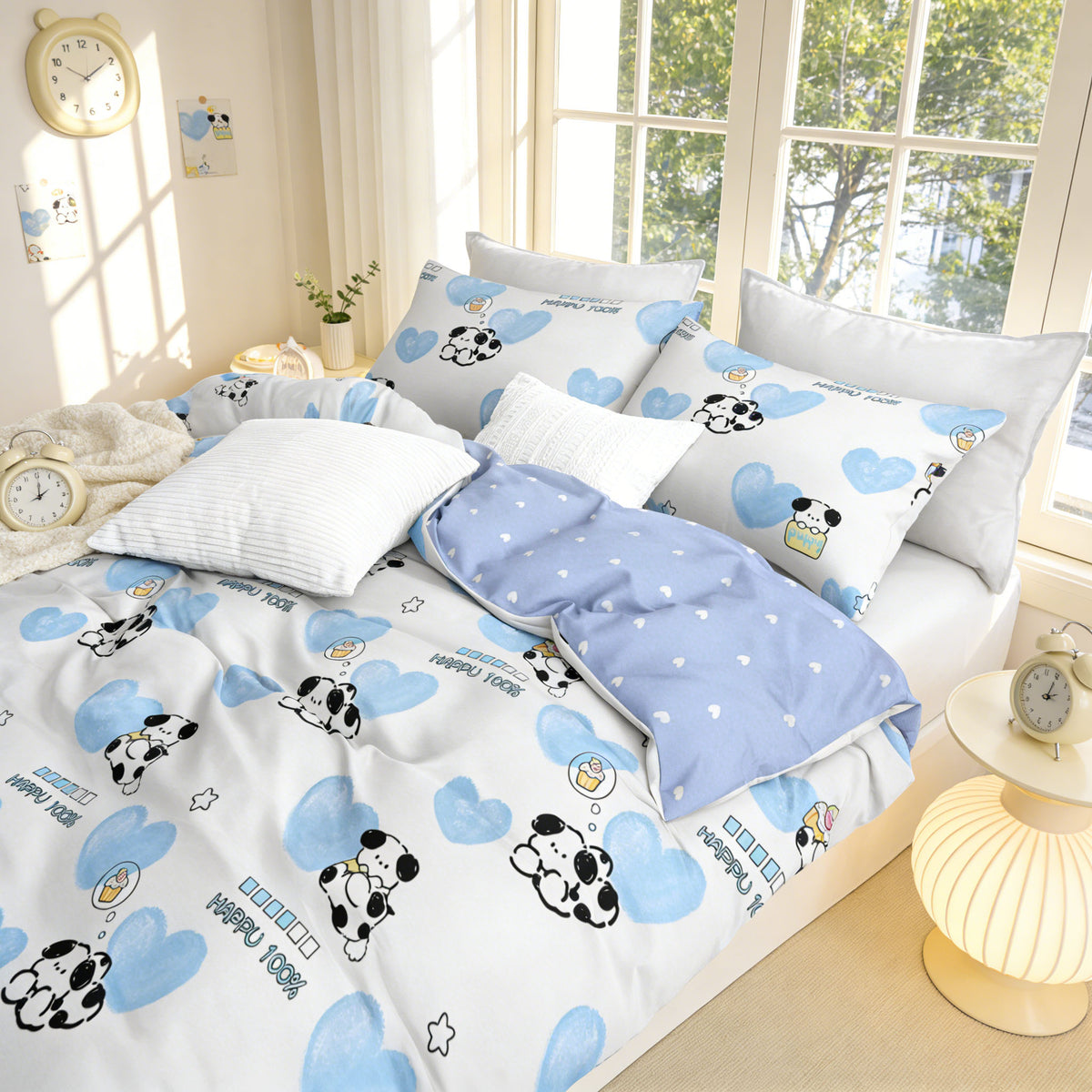 JOLUSERE 2-Piece Adorable Puppy Blue White Comforter Twin Set, Reversible Soft Quilt Bedding Set for Kids Adults