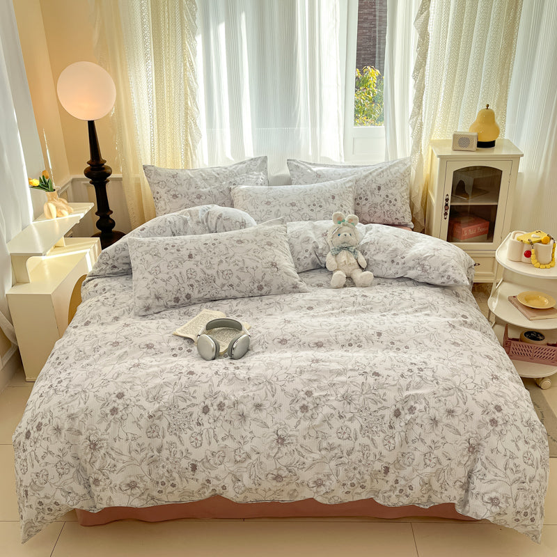JOLUSERE 100% Organic Cotton Duvet Cover Sets Full Size, 3 Pieces Soft Mist White Floral Soft Chic Artistic Bedding Sets
