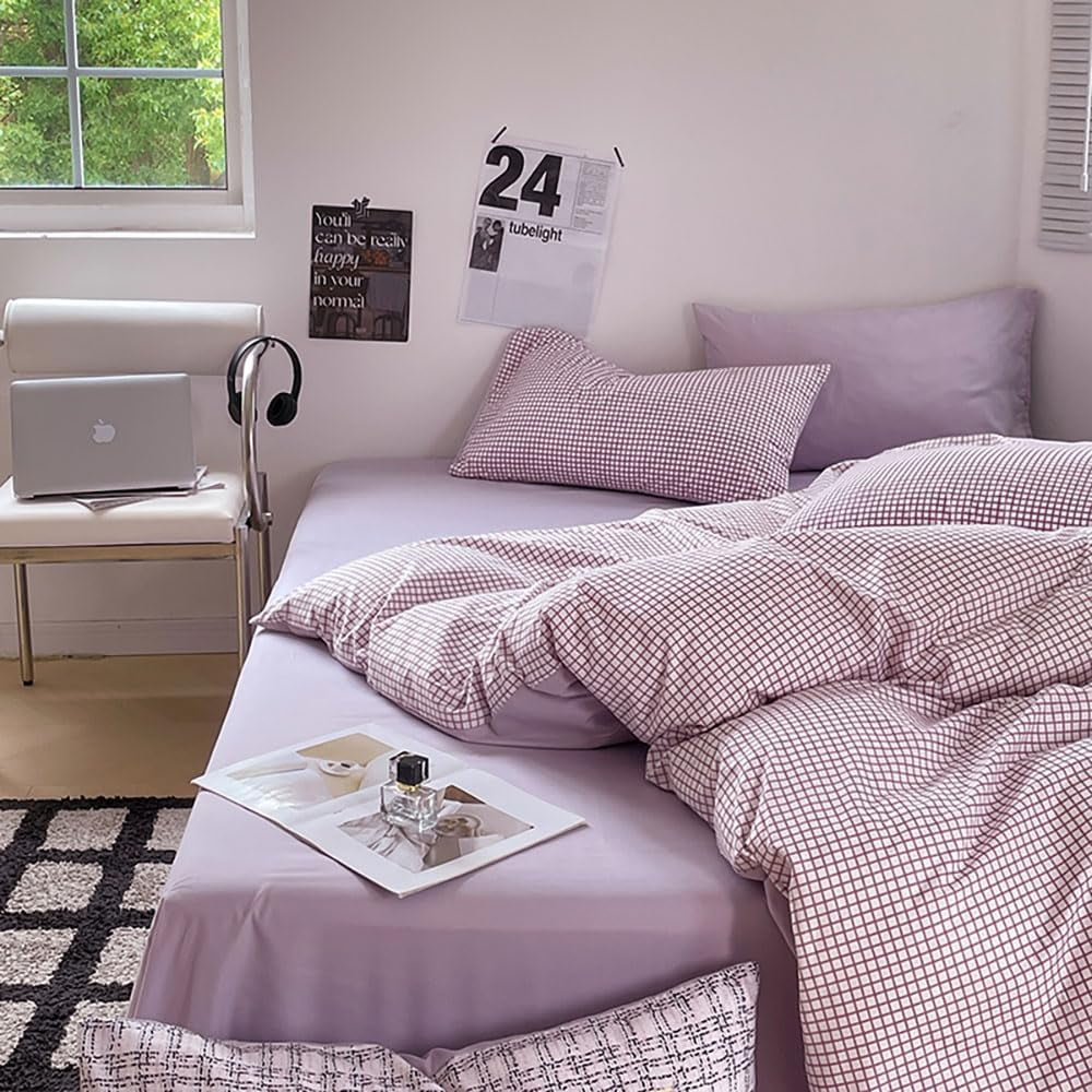 JOLUSERE 2-Piece Soft Breathable Gingham Duvet Cover Twin Set，Purple White Plaid Checkered Comforter Cover
