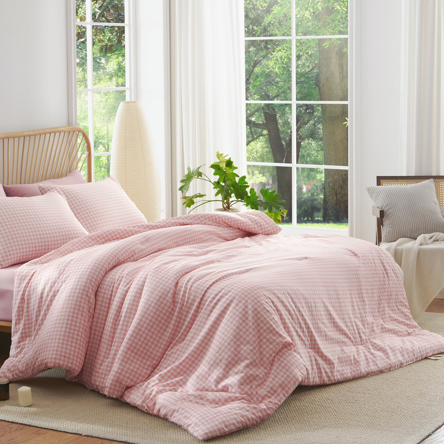 JOLUSERE Soft Pink White Plaid Comforter King Sets, 3 Pieces Breathable Plaid Buffalo Checkered Comforter for All Season