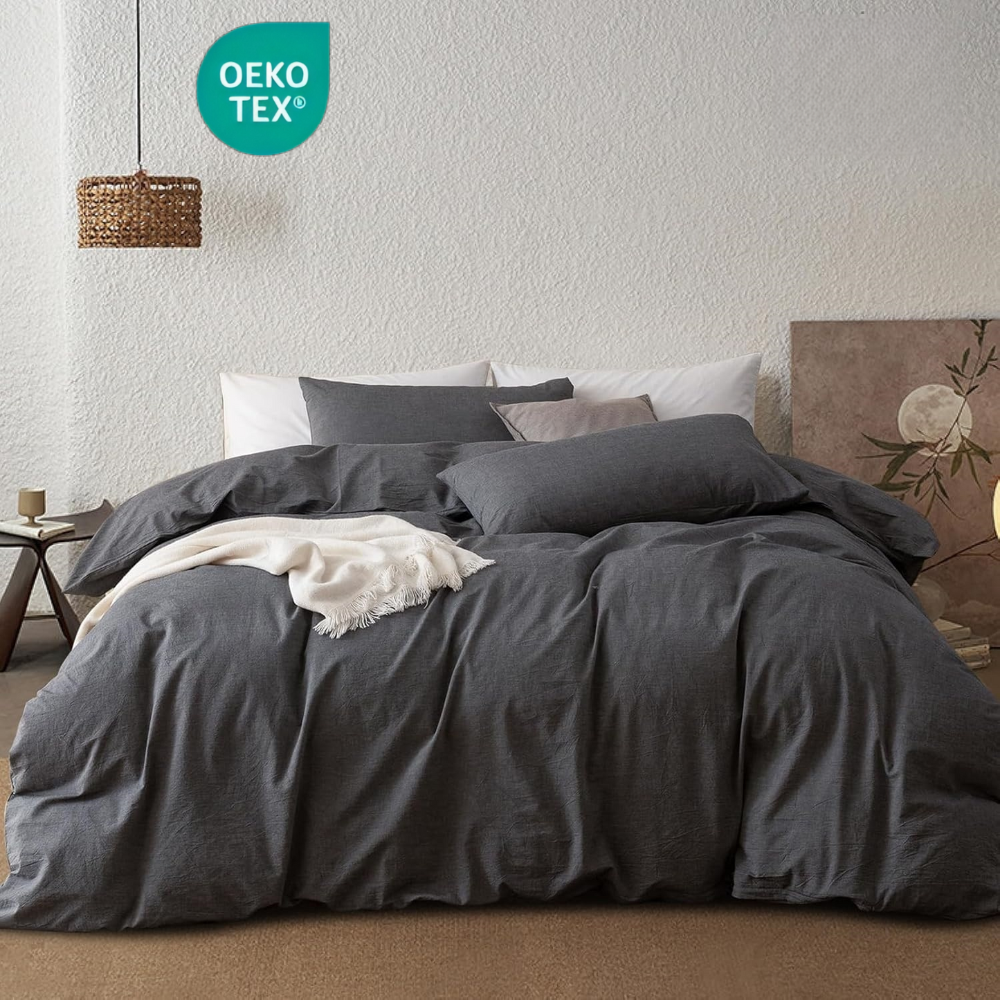 JOLUSERE 100% Organic Yarn-Dyed Cotton Duvet Cover King Set, 3 Pieces Cotton Bedding Duvet Cover,Ultra Soft & Fade Resistant,Gentle Black