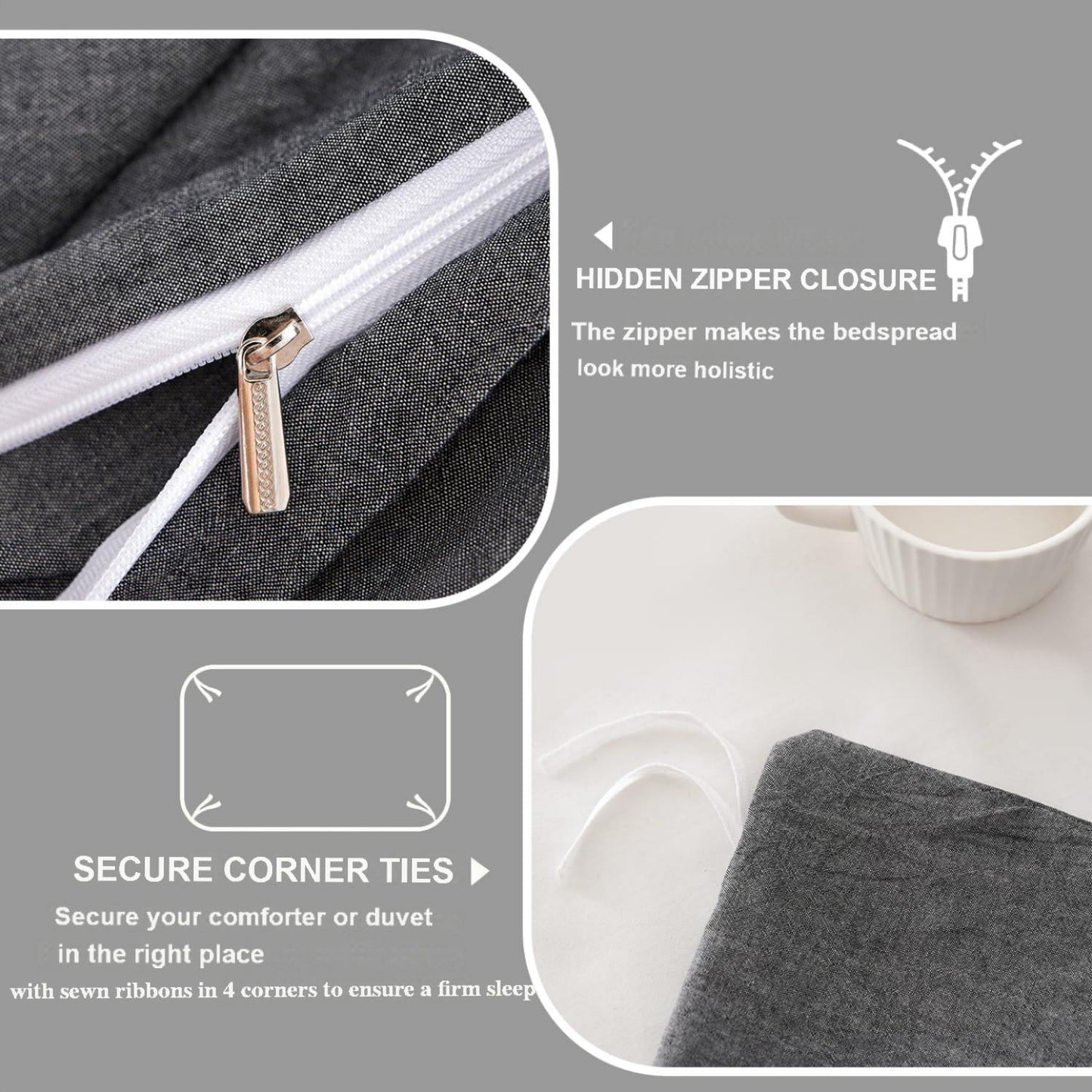 JOLUSERE 100% Organic Yarn-Dyed Cotton Duvet Cover Queen Set, 3 Pieces Cotton Bedding Duvet Cover,Ultra Soft & Fade Resistant,Gentle Black