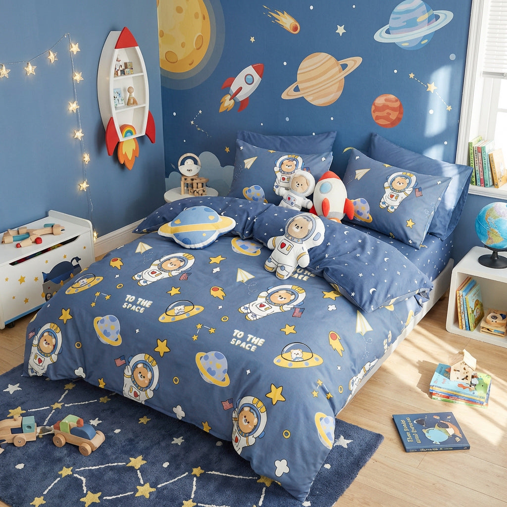 JOLUSERE 2-Piece Outer Space Blue Comforter Twin Set,Soft Bear Astronaut Planet Quilt Bedding Set for Kids Boys