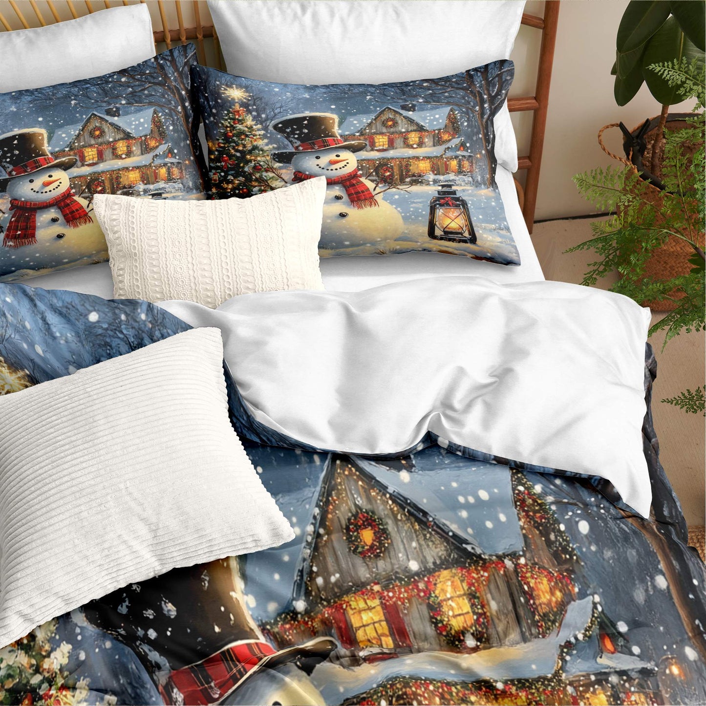 JOLUSERE Christmas Comforter Twin Set,2 Pcs Snowman Christmas Pine Tree Farmhouse Village Bedding Set for All Season