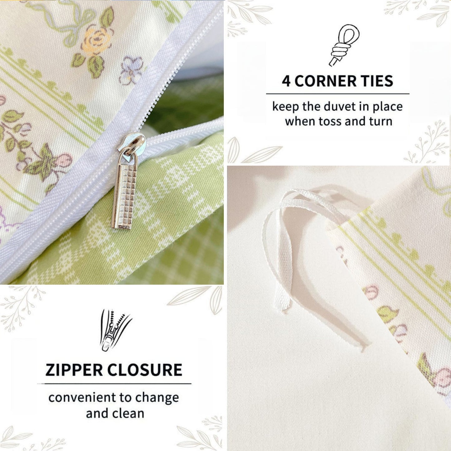 JOLUSERE 100% Organic Cotton Duvet Cover Sets Queen Size, 3 Pieces Light Green Floral botanical Chic Artistic Soft Bedding Sets