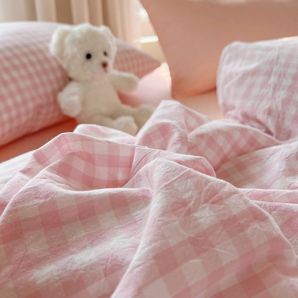 JOLUSERE Soft Pink White Plaid Comforter King Sets, 3 Pieces Breathable Plaid Buffalo Checkered Comforter for All Season