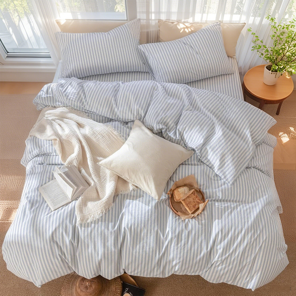JOLUSERE 100% Organic Cotton Striped Duvet Cover Full Set, 3-Piece Linen Like Textured Breathable Bedding Cover（Cornflower Blue& White Classic Stripes）