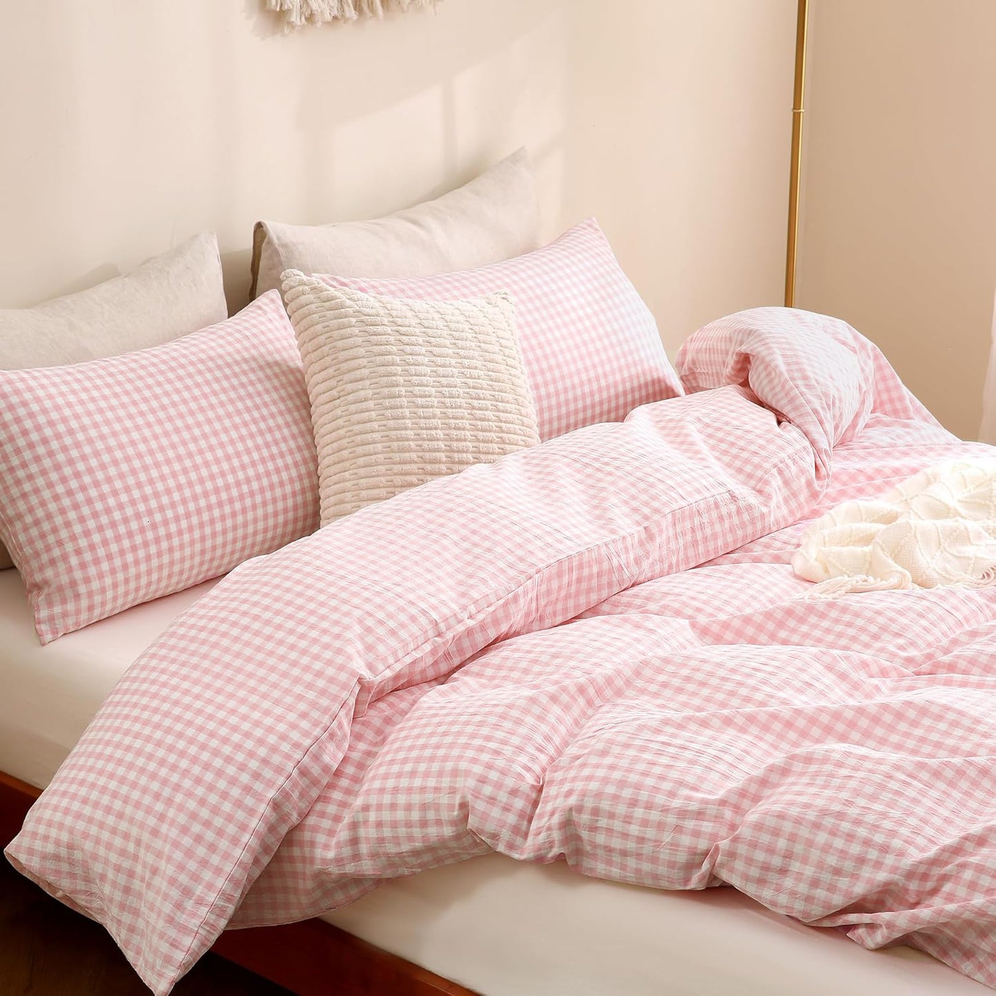 JOLUSERE 3-Piece Soft Breathable Gingham Duvet Cover Full Set，Pink White Plaid Checkered Bedding Cover