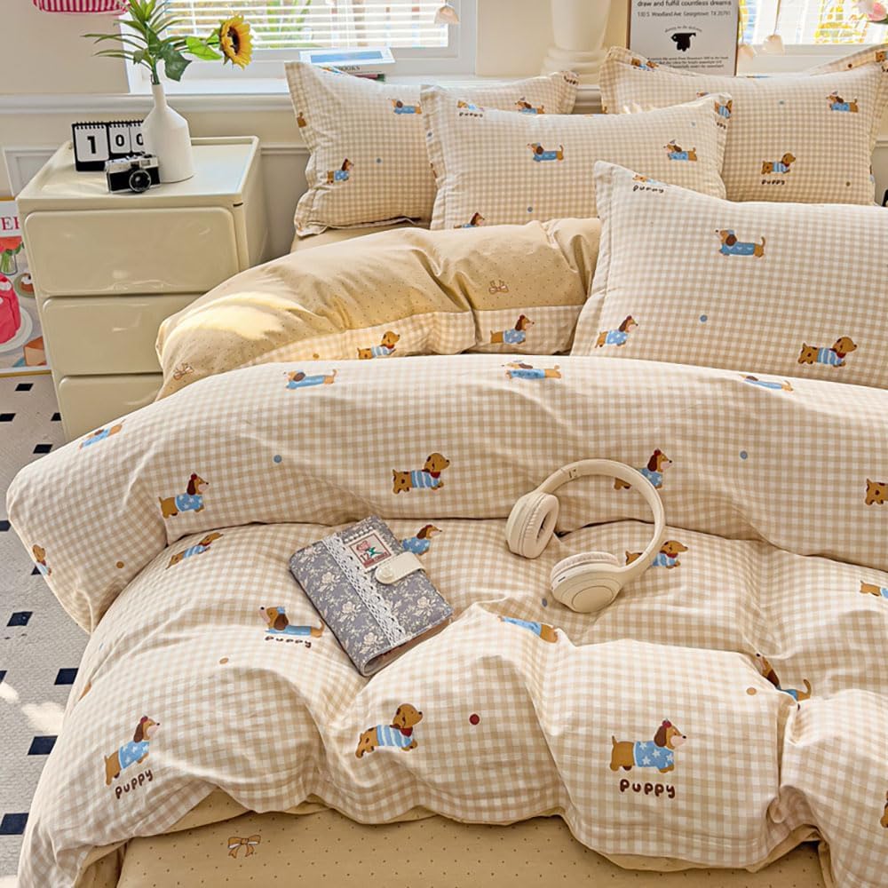 JOLUSERE 2-Piece Beige Gingham Puppy Pattern Comforter Twin Set , Soft Blue Dachshund Bedding Set for Kids Adults