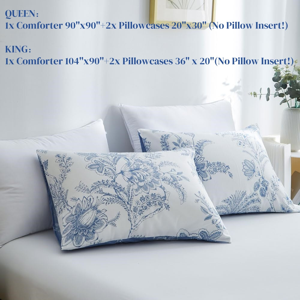 JOLUSERE Blue White Floral Leaves King Comforter Set, 3 Pieces Botanical Plants Reversible Bedding Set for Adults
