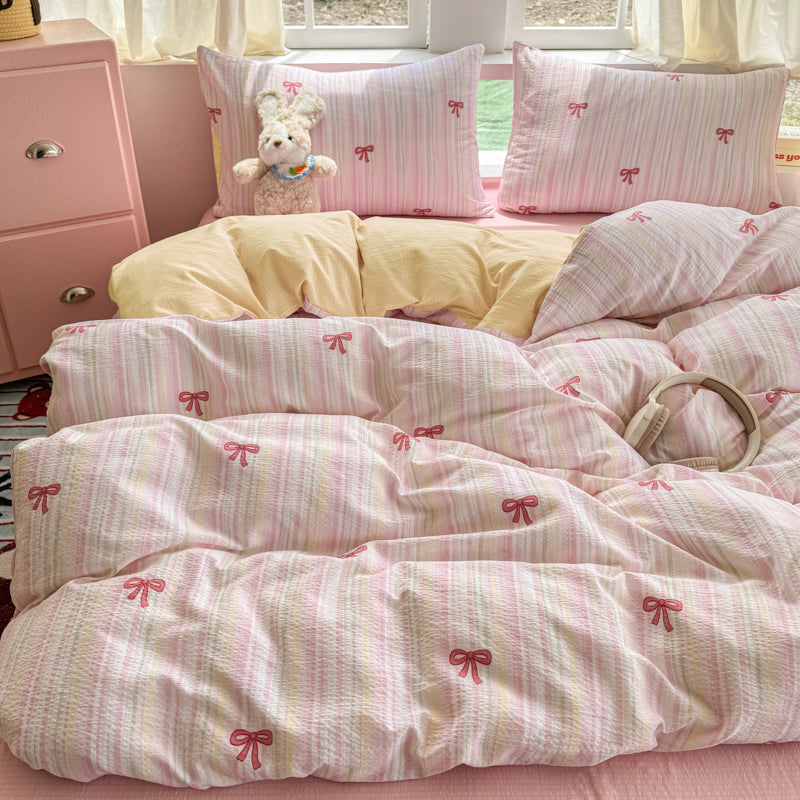 JOLUSERE 2-Piece Colourful Striped Girls Duvet Cover Twin Set, Reversible Pink Bows Soft Bedding Sets for Kids