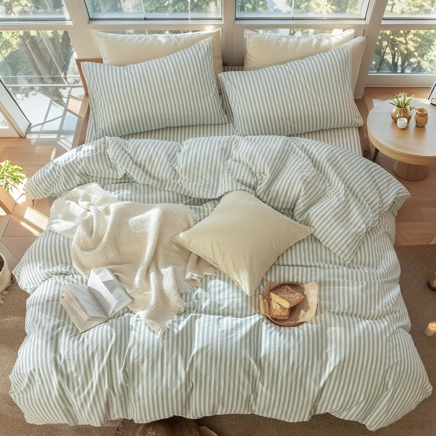 JOLUSERE 100% Organic Cotton Striped Duvet Cover Twin Set, 2-Piece Linen Like Textured Breathable Bedding Cover(Sage Green& White Classic Stripes)