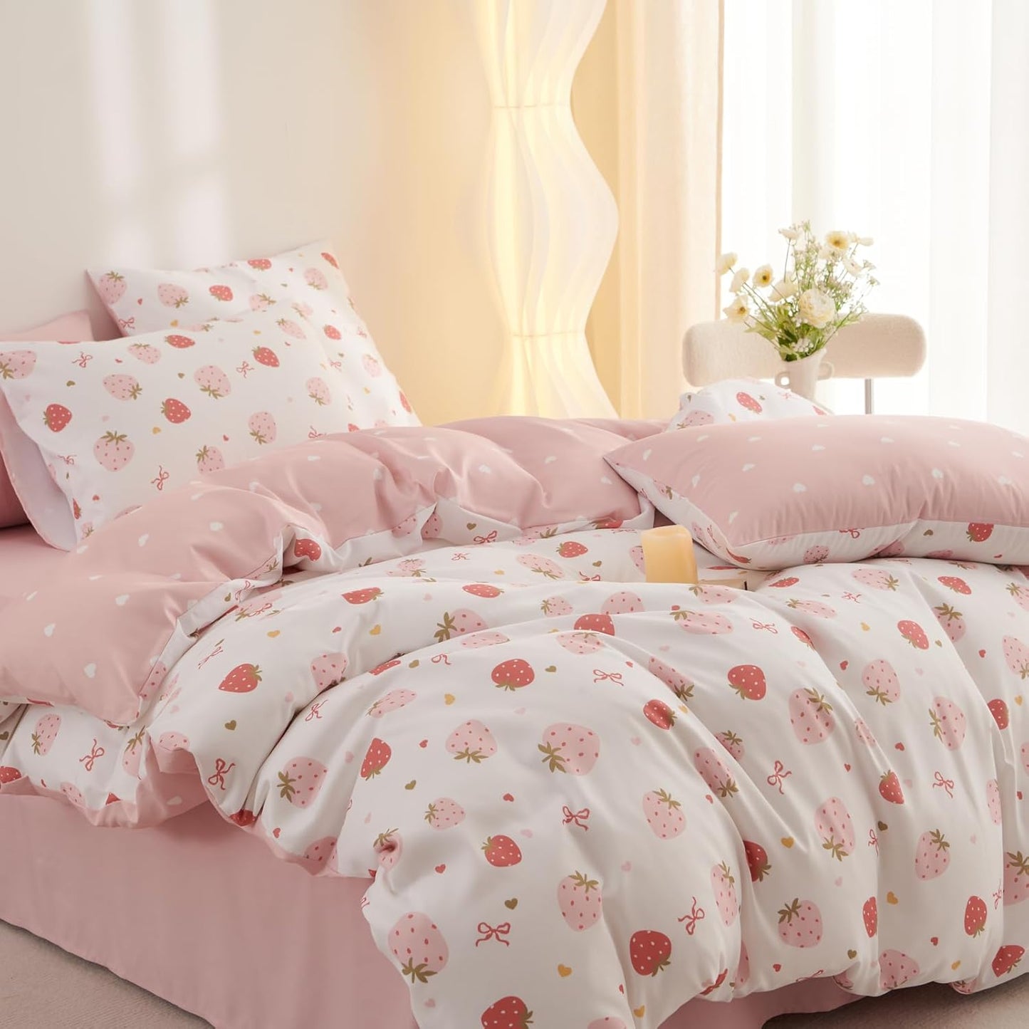 JOLUSERE 2-Piece Pink White Strawberry Comforter Twin Set,Soft Bedding Set for Kids Adults