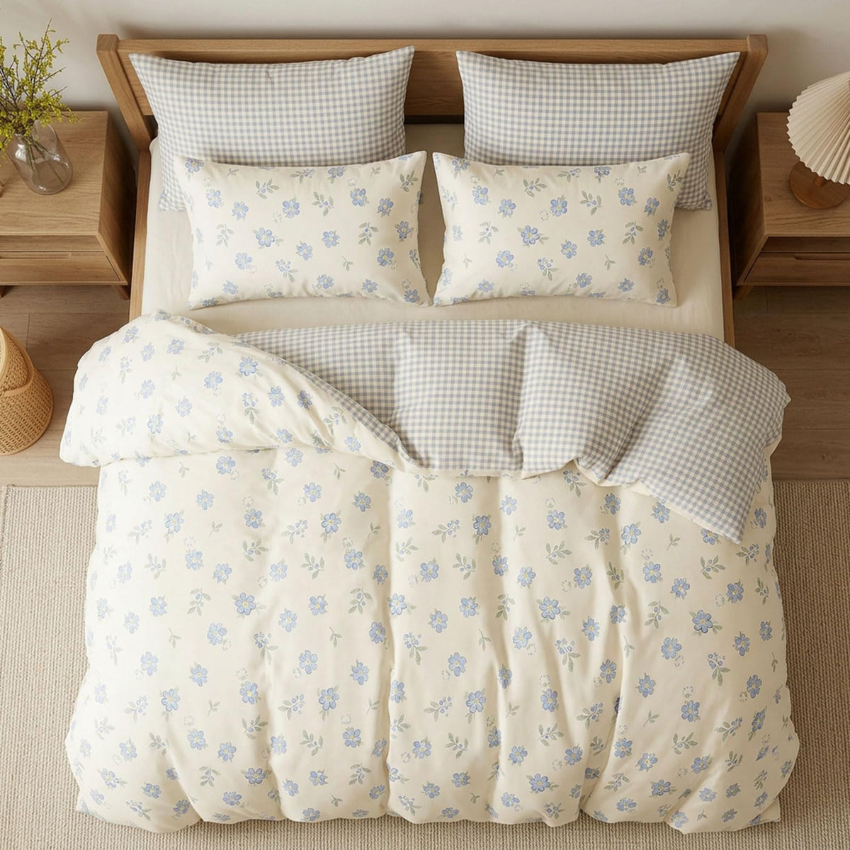 JOLUSERE 3 Pieces Blue White Floral Reversible Gingham Pattern Comforter King Set, Soft Floral Bedding Set for Adults