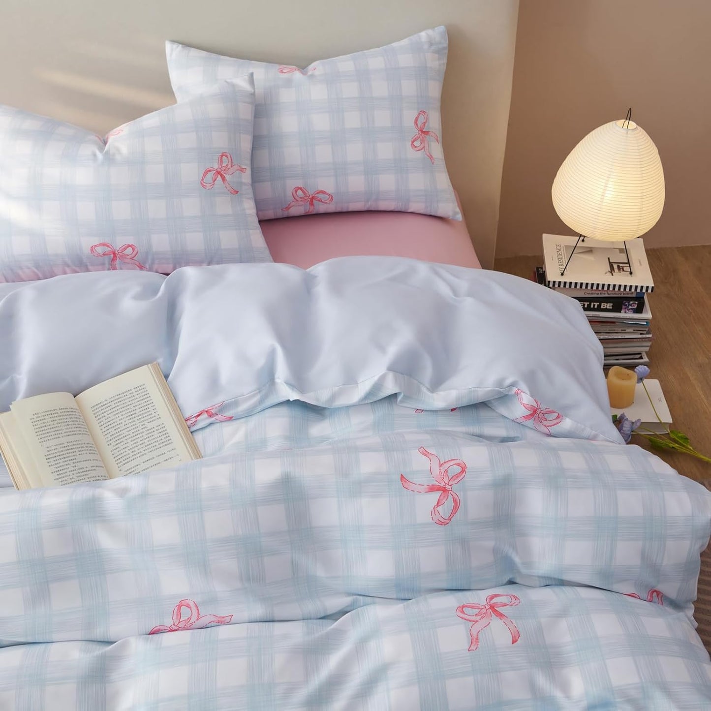 JOLUSERE 2-Piece Blue Gingham Pink Bow Comforter Twin Set , Soft Grid Dorm Bedding Set for Kids Adults