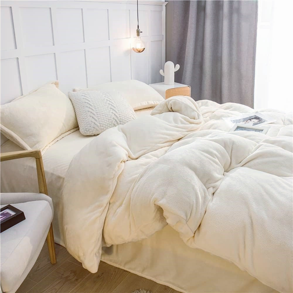 JOLUSERE Cream White Velvet Duvet Cover King Set, 3-Piece Ultra Soft Fluffy Flannel Winter Bedding Cover