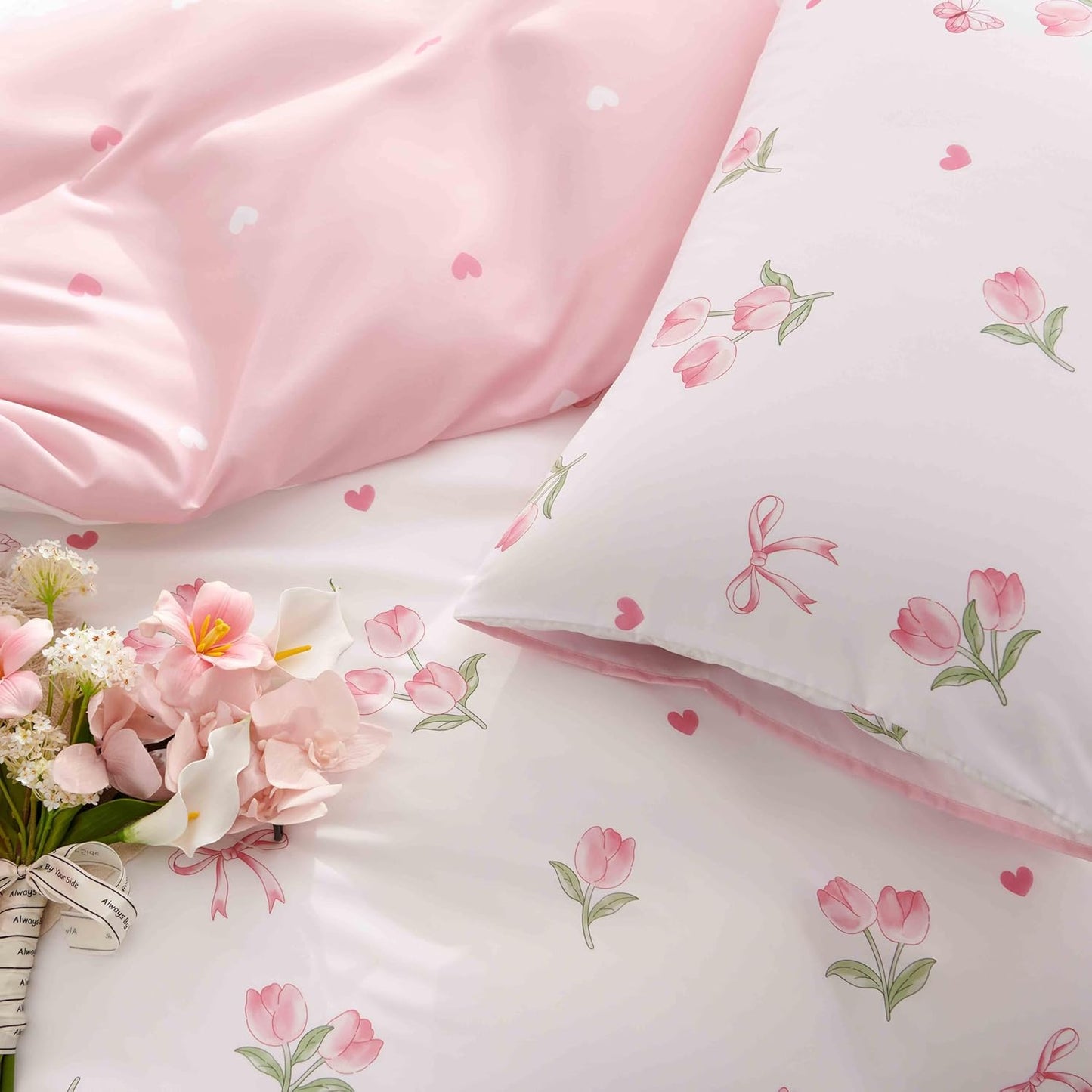 JOLUSERE Pink Tulip Queen Comforter Set, 3-Piece Pink Flowers Reversible Soft Bedding Set or Adults All Season