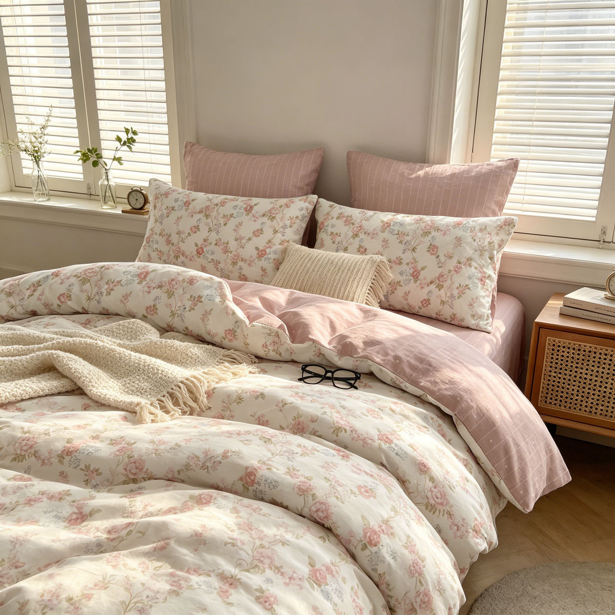 JOLUSERE 3-Piece Pink Blue Floral Reversible Comforter Queen Set, Soft Pink Striped Quilt Bedding Set for Adults