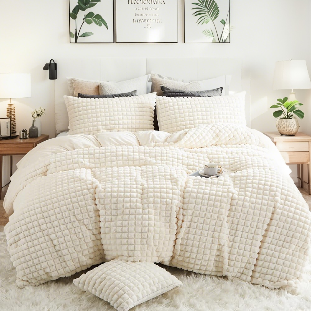 JOLUSERE Checkered Geometric Fluffy White Duvet Cover King Set,3-Piece Super Soft Faux Rabbit Fur Winter Warm Fuzzy Bedding Set
