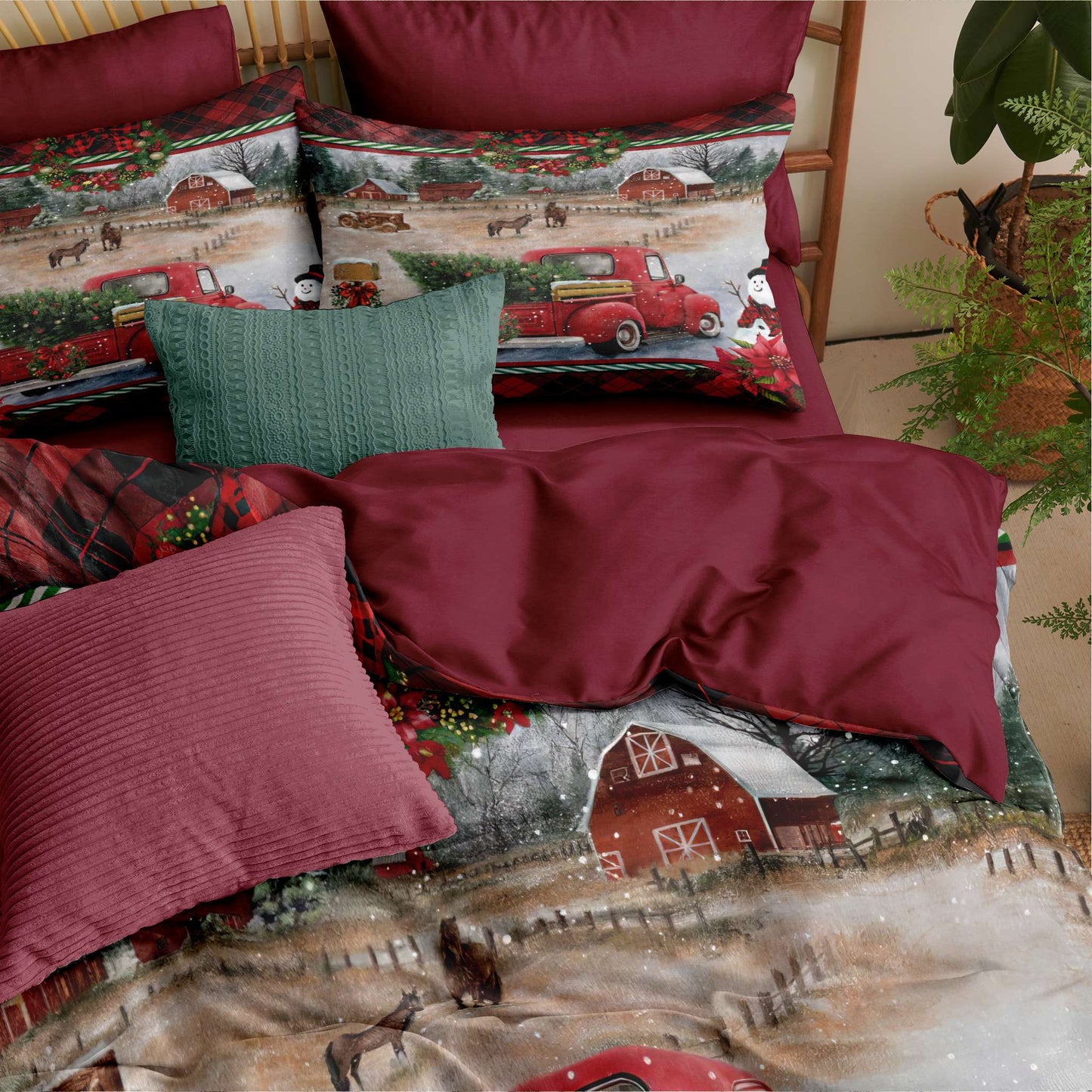 JOLUSERE Christmas Comforter King Set,3 Pcs Red Truck Christmas Pine Tree Farmhouse Village Country Style Bedding Set for All Season