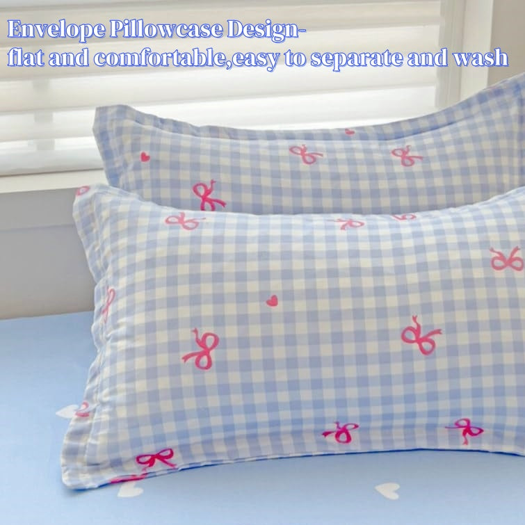 JOLUSERE 3-Piece Blue Plaid Pink Bows Comforter Queen Set , Cute Soft Bedding Set for Kids Adults