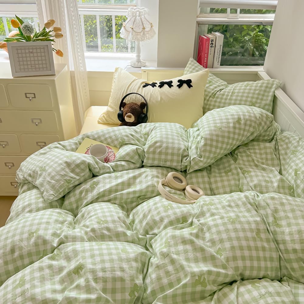 JOLUSERE 2-Piece Green White Plaid Bows Comforter Twin Set , Soft Fresh Bedding Set for Kids Adults