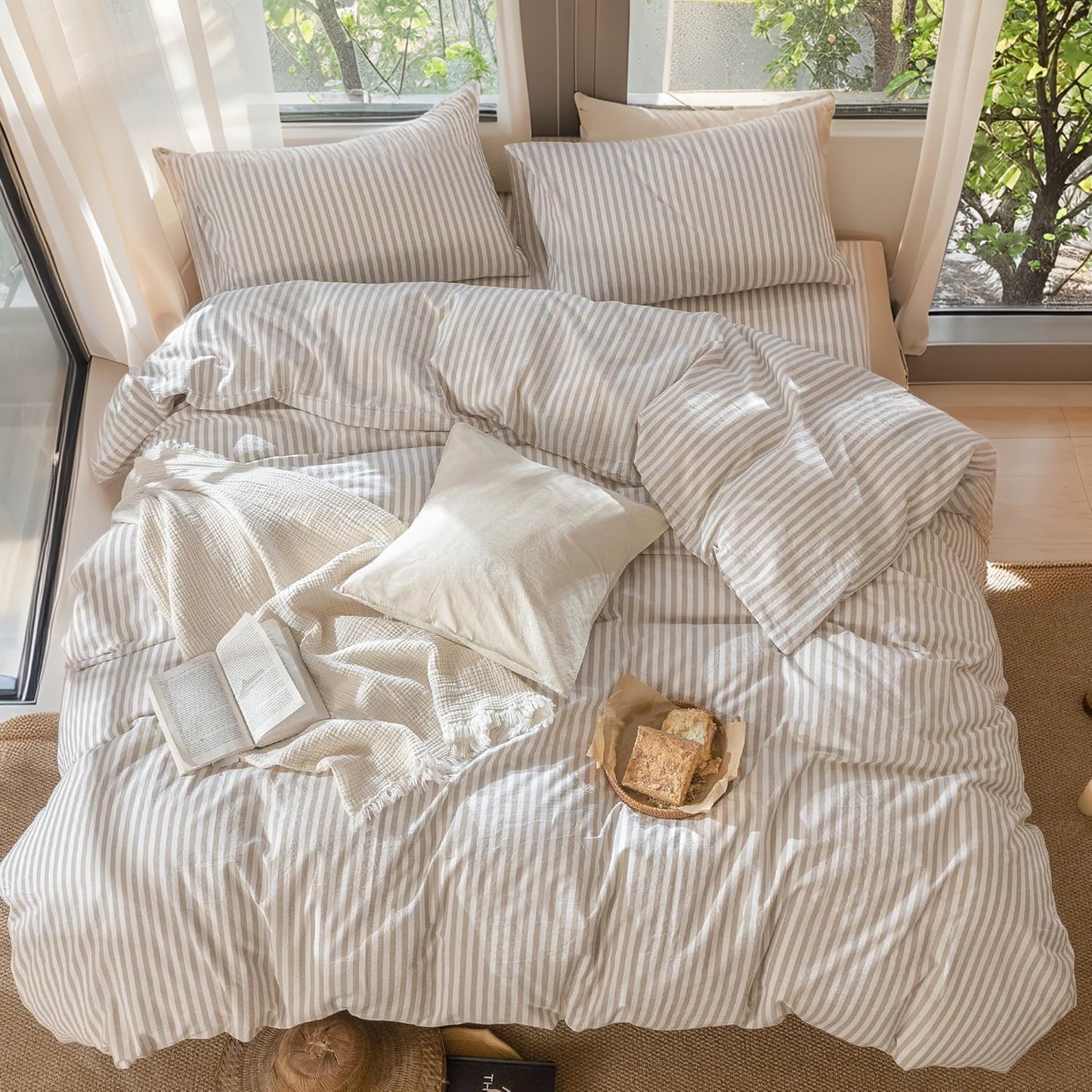 JOLUSERE 100% Organic Cotton Striped Duvet Cover Full Set, 3-Piece Linen Like Textured Breathable Bedding Cover（Beige& White Classic Stripes）
