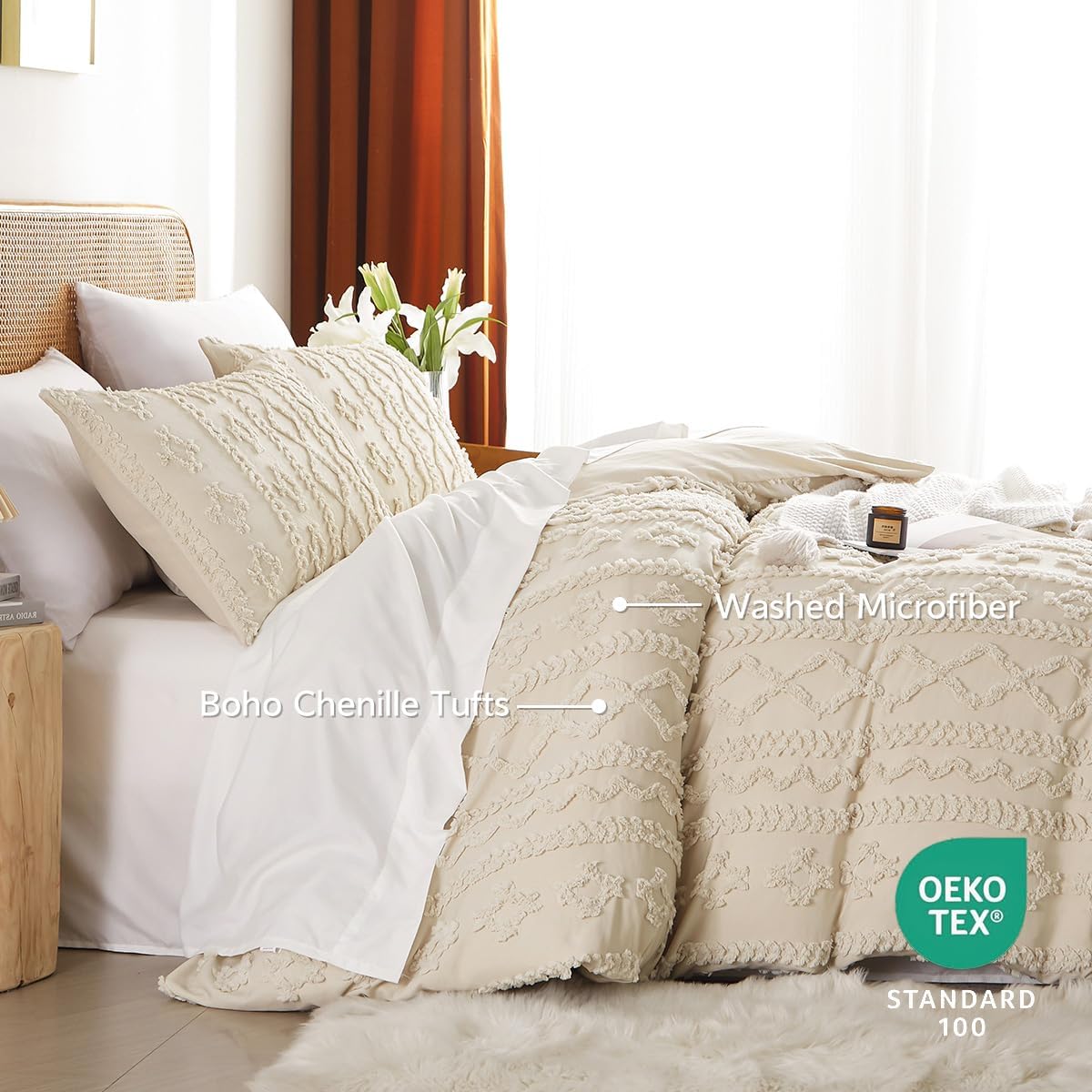 JOLUSERE Jacquard Sandflow Pattern Tufted Duvet Cover Queen Set, 3 Pieces Boho Ultra Soft Embroidery Bedding Set, Beige