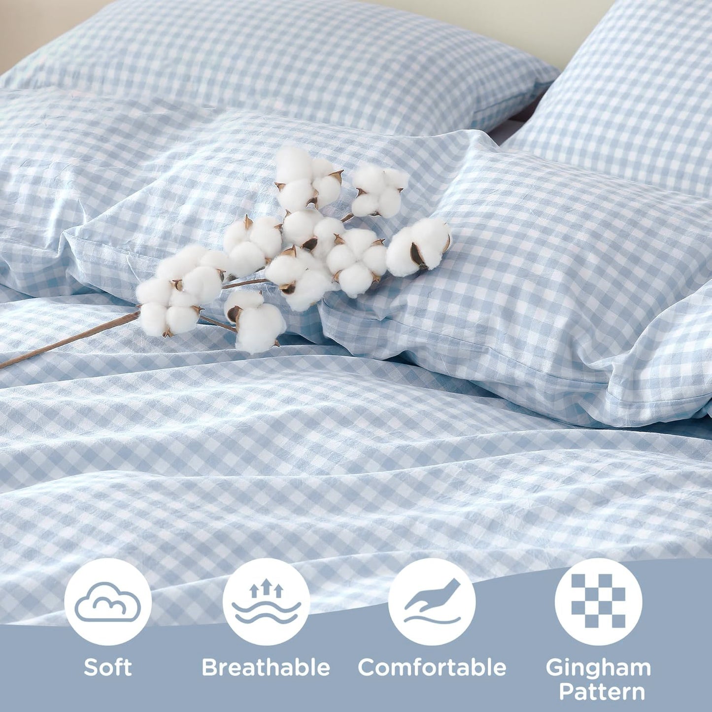 JOLUSERE 3-Piece Soft Breathable Gingham Duvet Cover Full Set，Blue White Plaid Checkered Bedding Cover