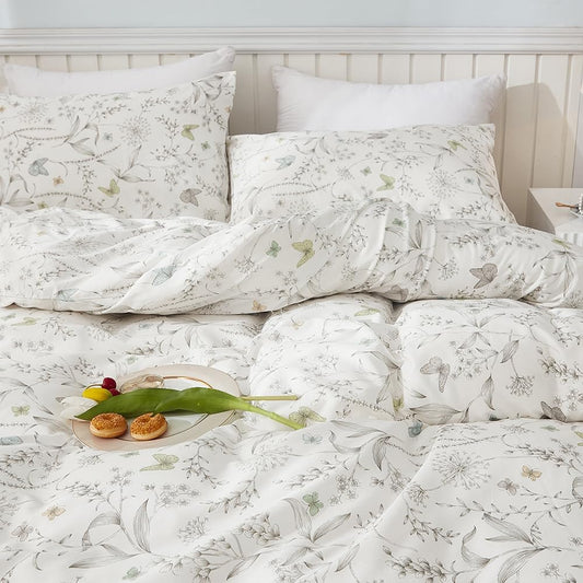 JOLUSERE 100% Cotton Duvet Cover White Floral Duvet Cover Set with Colorful Butterfly Pattern Full Size,Pearl White