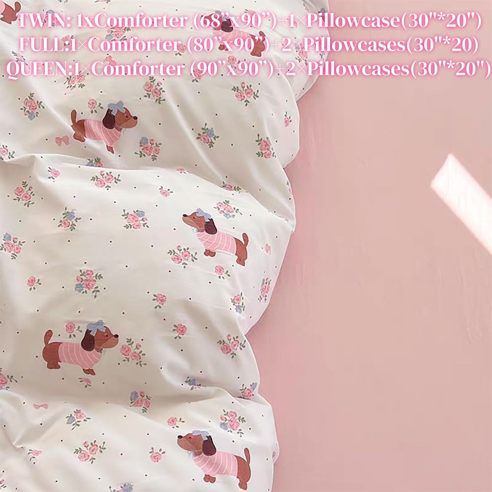 JOLUSERE 2-Piece Pink White Flowers Dachshund Comforter Twin Set , Soft Pink Dachshund Bedding Set for Kids Adults
