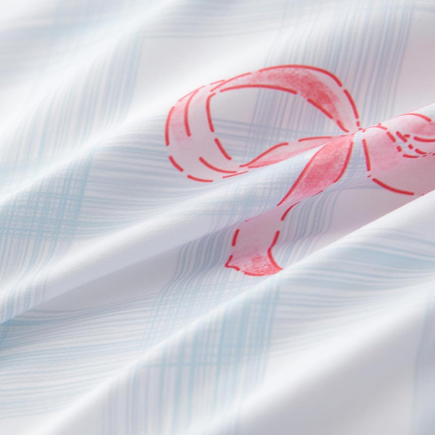 JOLUSERE 3-Piece Blue Gingham Pink Bow Comforter Queen Set , Soft Grid Dorm Bedding Set for Kids Adults