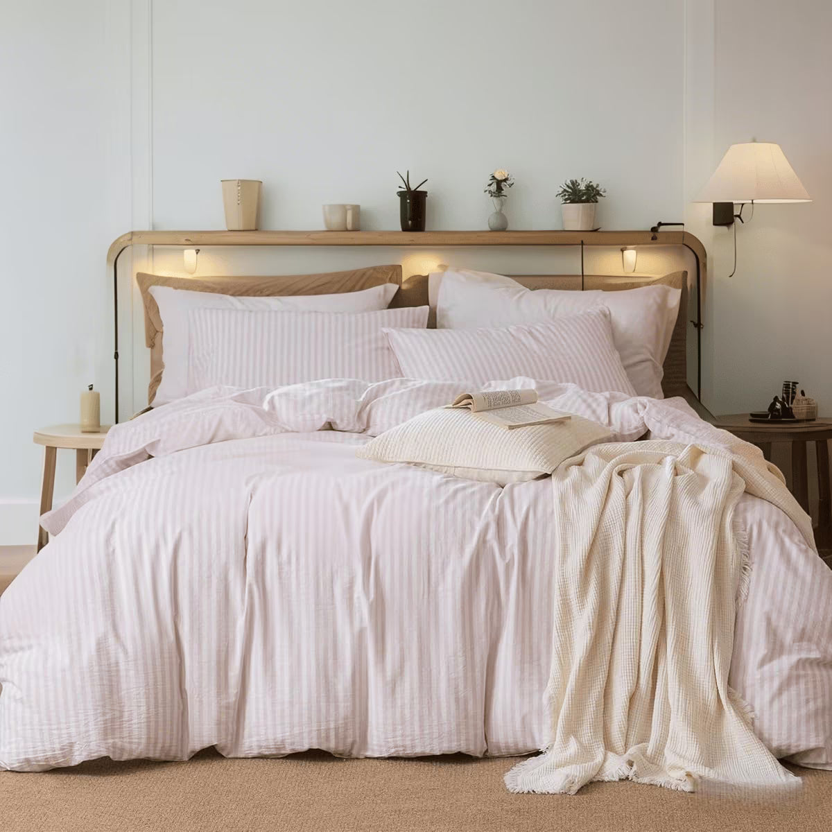 JOLUSERE 100% Cotton Striped Duvet Cover Twin Set, 2-Piece Linen Like Textured Breathable Comforter Cover(Greyish Pink& White Classic Stripes)
