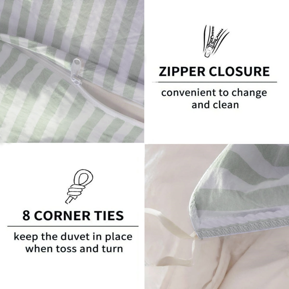 JOLUSERE 100% Organic Cotton Striped Duvet Cover Queen Set, 3-Piece Linen Like Textured Breathable Bedding Cover(Sage Green& White Classic Stripes)