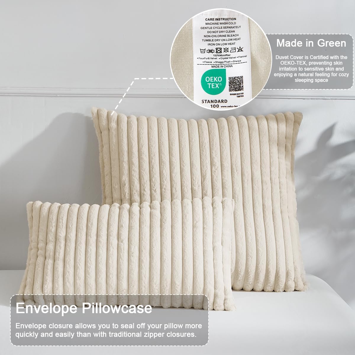 JOLUSERE Beige Fluffy Striped Duvet Cover King Set, 3-Piece Super Soft Faux Rabbit Fur Winter Warm Fuzzy Comforter Cover