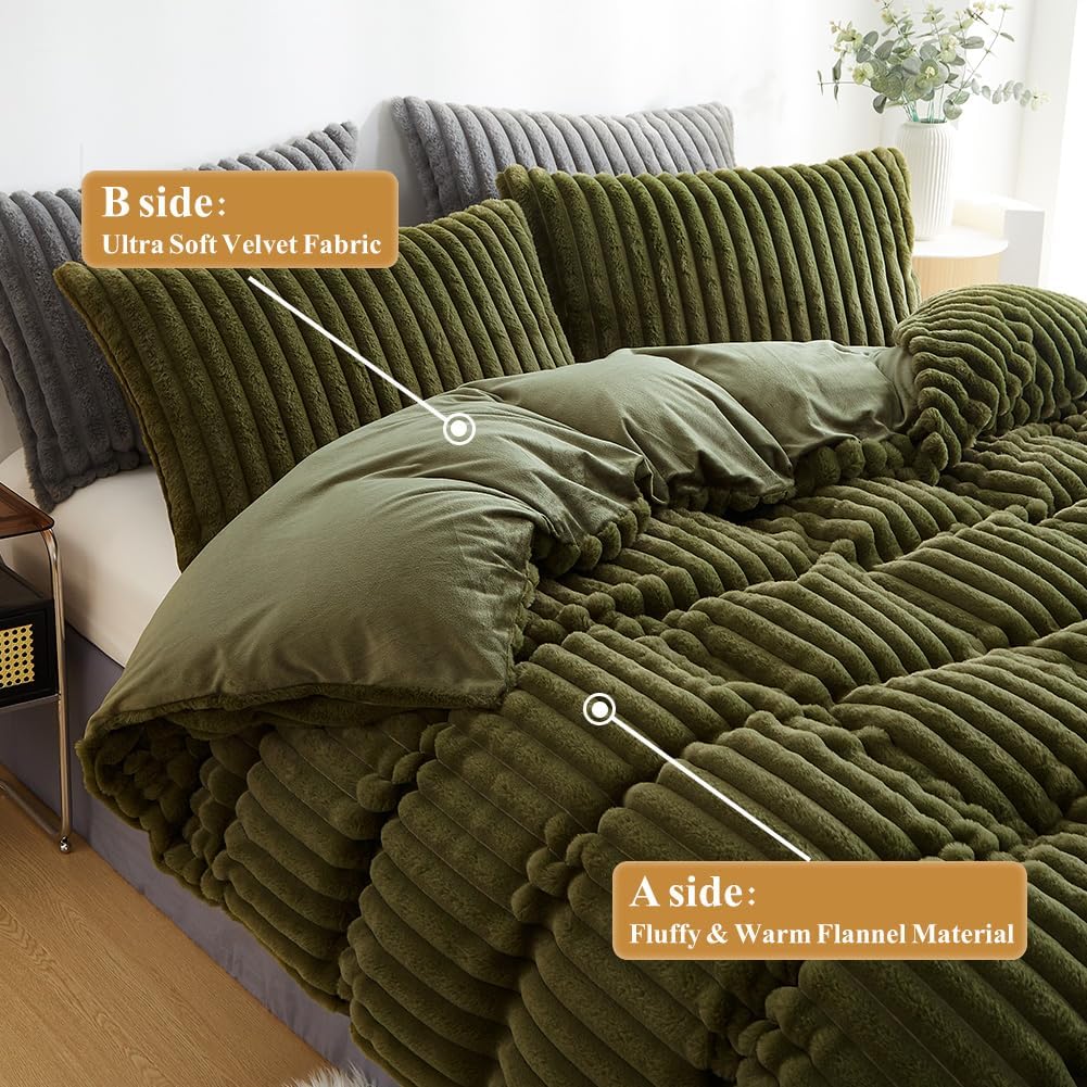 JOLUSERE Olive Green Fluffy Striped Duvet Cover Queen Set, 3-Piece Super Soft Faux Rabbit Fur Winter Warm Fuzzy Comforter Cover