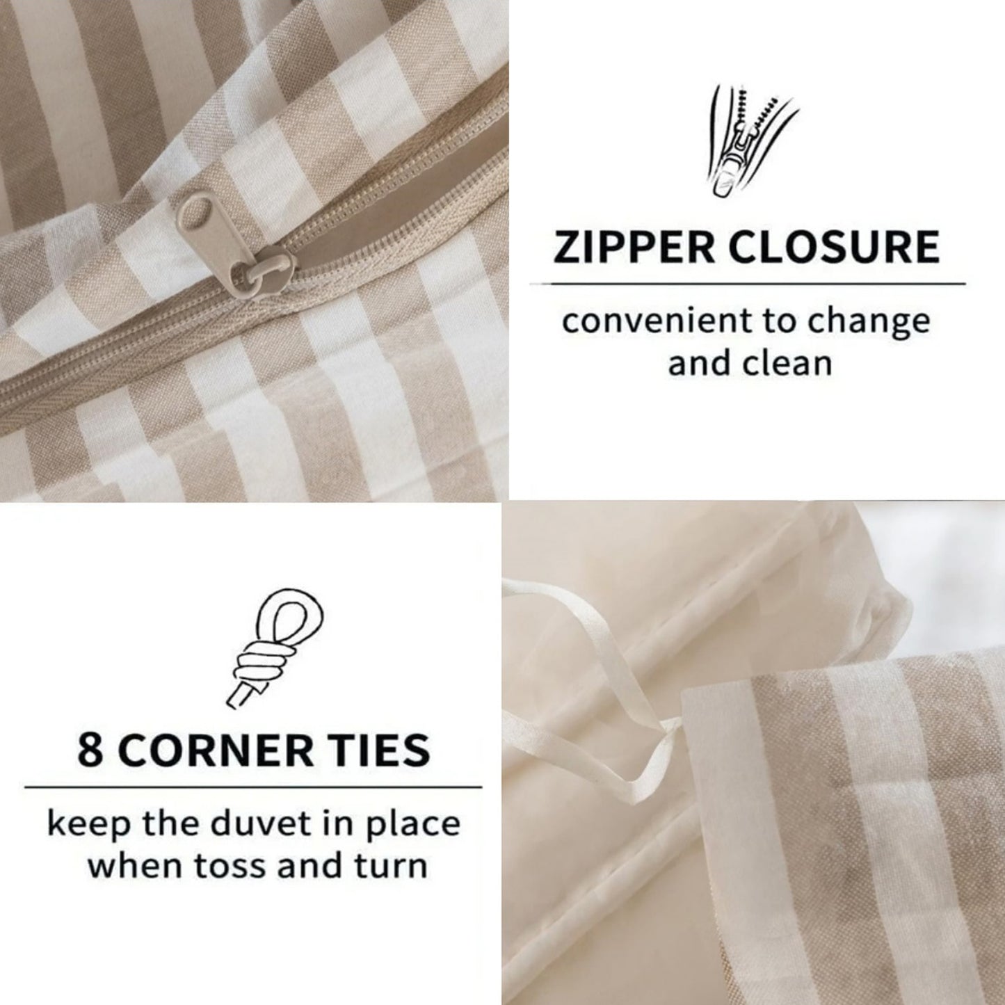 JOLUSERE 100% Organic Cotton Striped Duvet Cover Full Set, 3-Piece Linen Like Textured Breathable Bedding Cover（Beige& White Classic Stripes）