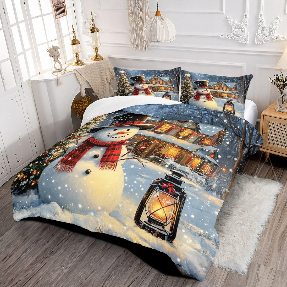 JOLUSERE Christmas Comforter Twin Set,2 Pcs Snowman Christmas Pine Tree Farmhouse Village Bedding Set for All Season