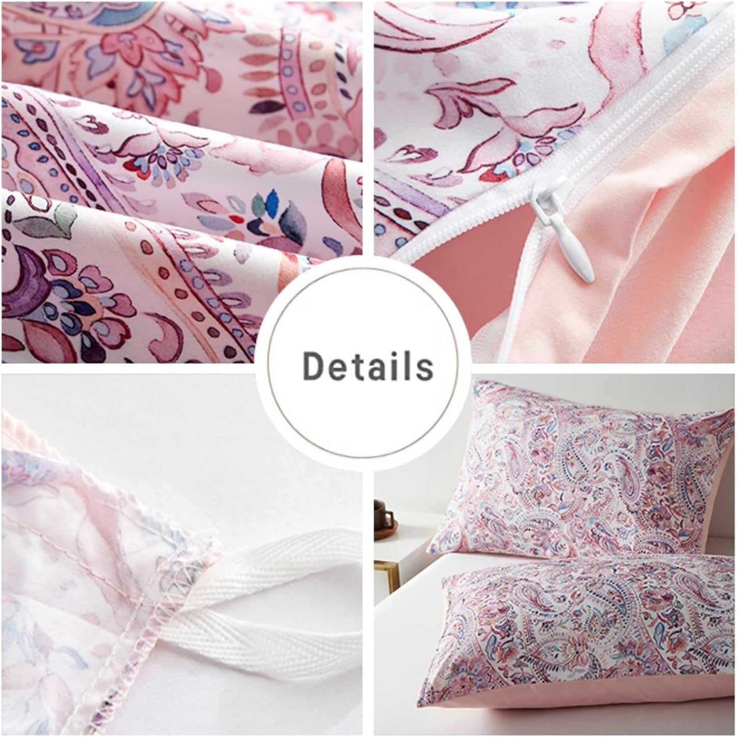 JOLUSERE 3-Piece Boho Vintage Pink Duvet Cover Queen Set, Soft Reversible Classical Bedding Set for All Seasons