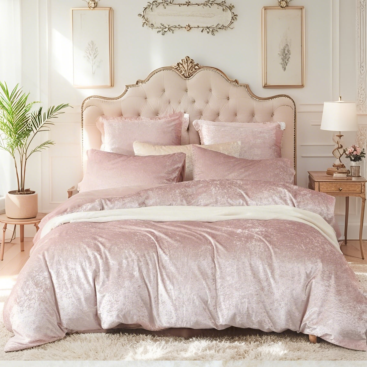 JOLUSERE Cozy Velvet Comforter Queen Set，Luxury 3-Piece Winter Fluffy Shiny Flannel Warm Reversible Comforter Set, Shiny Pink