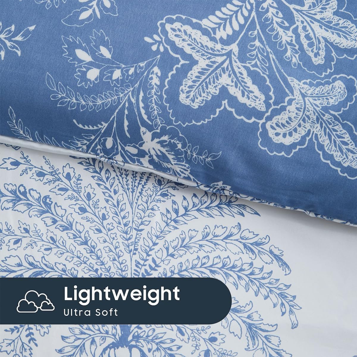 JOLUSERE Blue White Floral Leaves Queen Comforter Set, 3 Pieces Botanical Plants Reversible Bedding Set for Adults