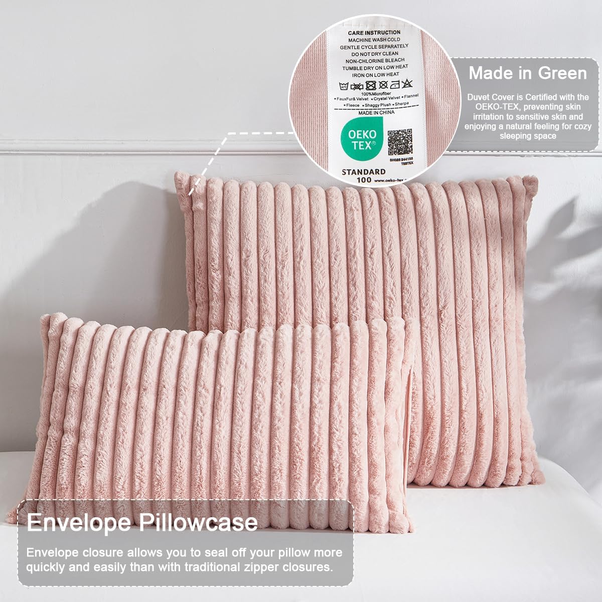 JOLUSERE Soft Pink Fluffy Striped Duvet Cover Queen Set, 3-Piece Super Soft Faux Rabbit Fur Winter Warm Fuzzy Comforter Cover