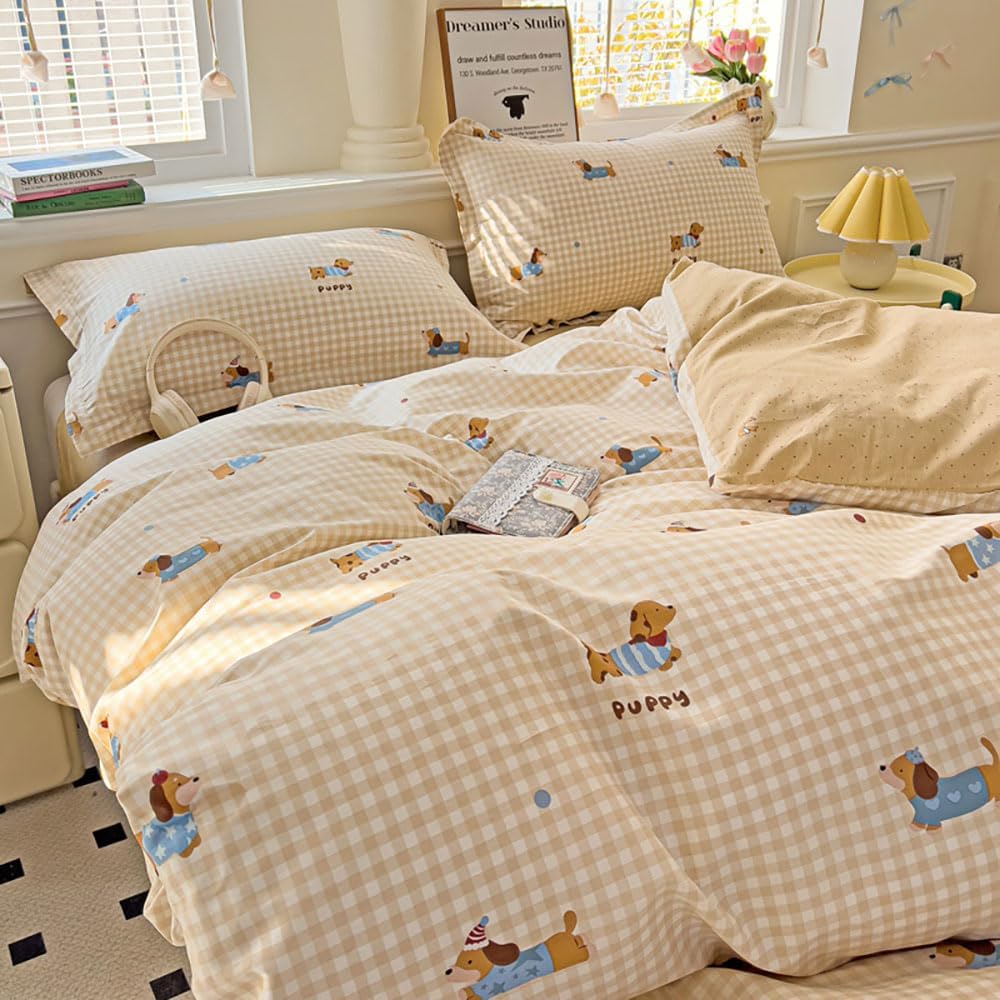 JOLUSERE 2-Piece Beige Gingham Puppy Pattern Comforter Twin Set , Soft Blue Dachshund Bedding Set for Kids Adults