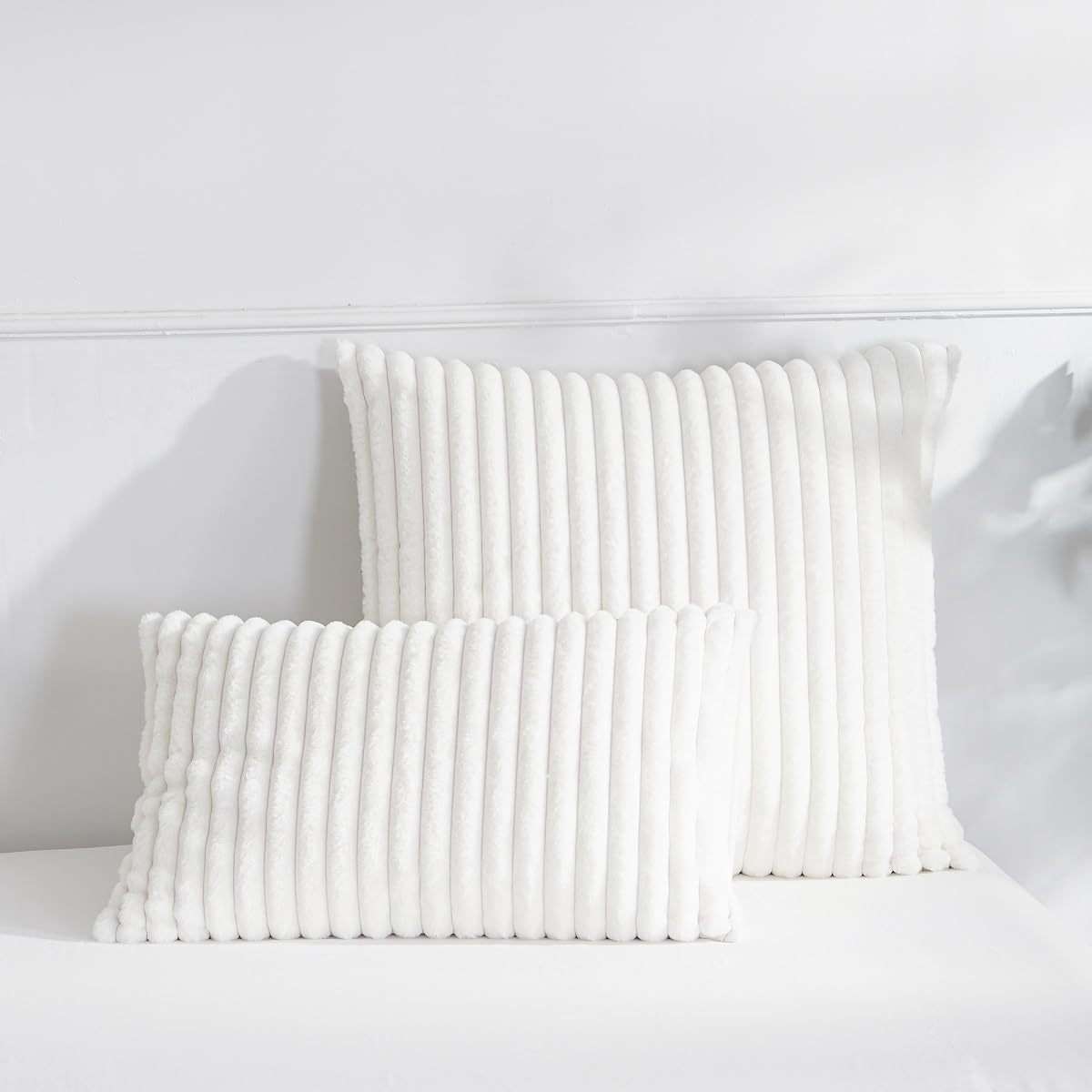 JOLUSERE Creamy White Fluffy Striped Duvet Cover Queen Set, 3-Piece Super Soft Faux Rabbit Fur Winter Warm Fuzzy Comforter Cover