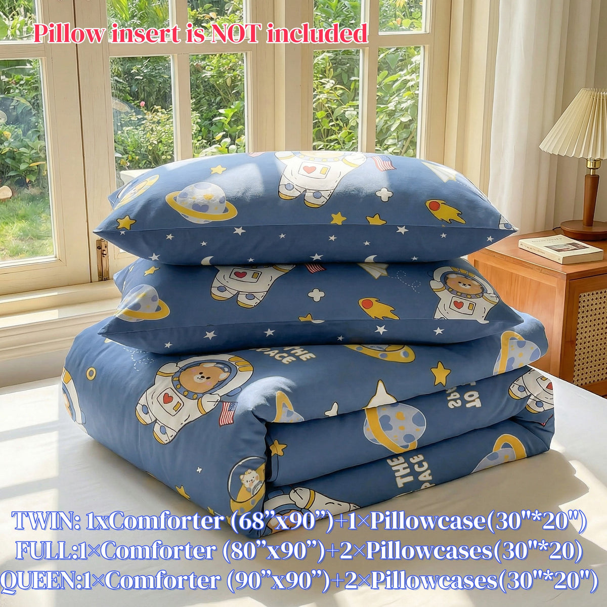JOLUSERE 2-Piece Outer Space Blue Comforter Twin Set,Soft Bear Astronaut Planet Quilt Bedding Set for Kids Boys