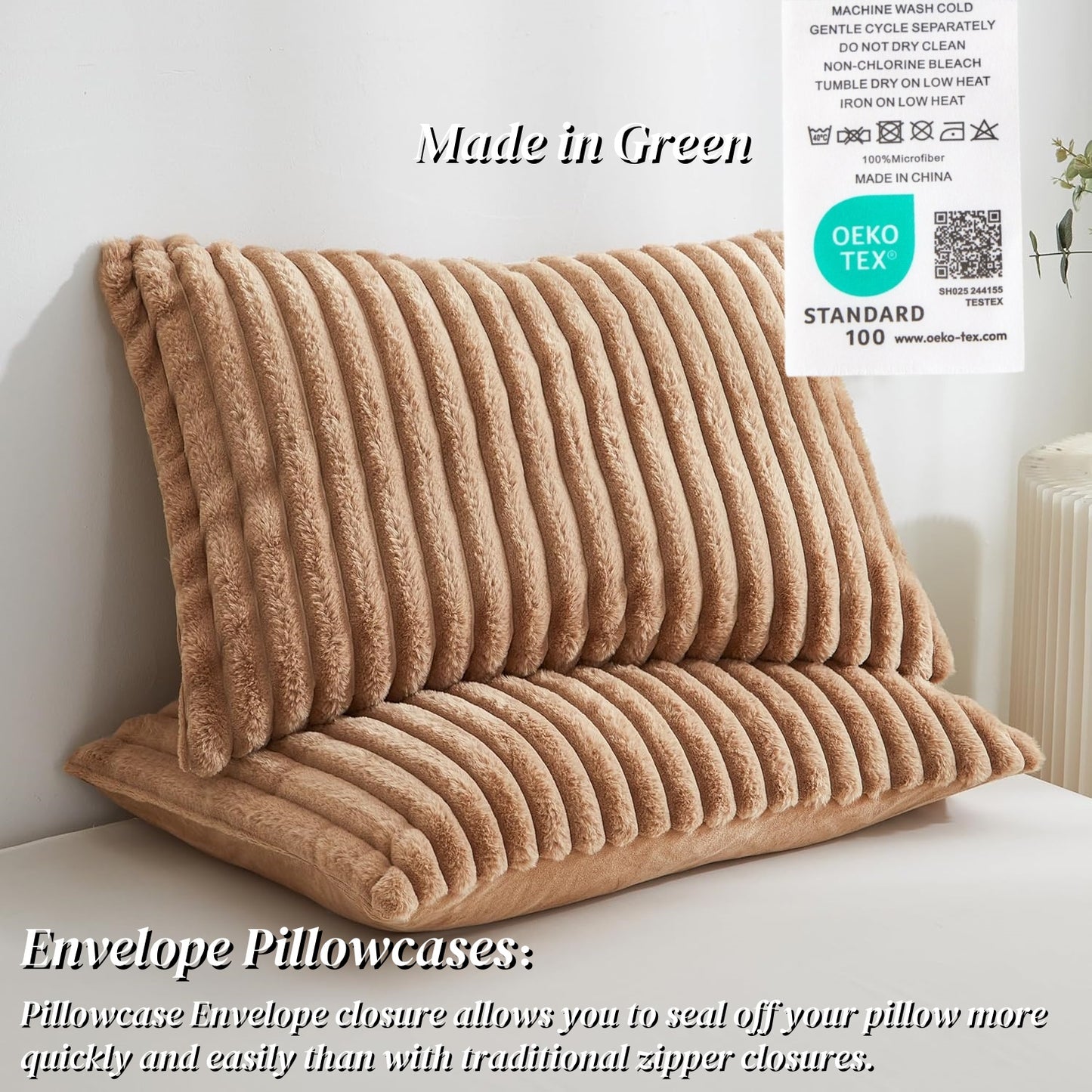 JOLUSERE Khaki Fluffy Striped Duvet Cover King Set, 3-Piece Super Soft Faux Rabbit Fur Winter Warm Fuzzy Comforter Cover